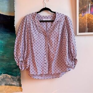 Hunter Bell 3/4 Bubble Sleeve Blue Red Stripe Button Up Blouse Medium